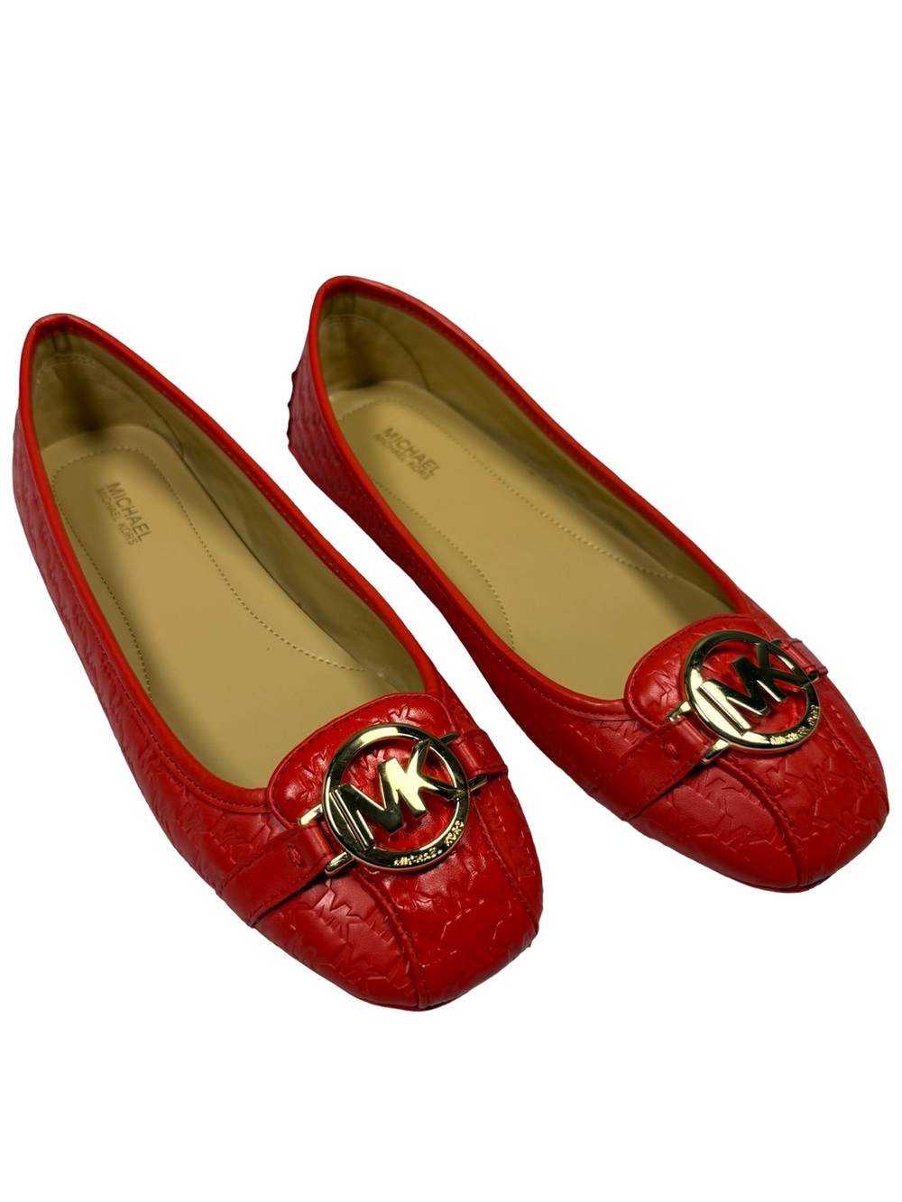 Michael Kors Fulton Moc Flats Womens 9M Red MK Logo Gold Medallion Slip On